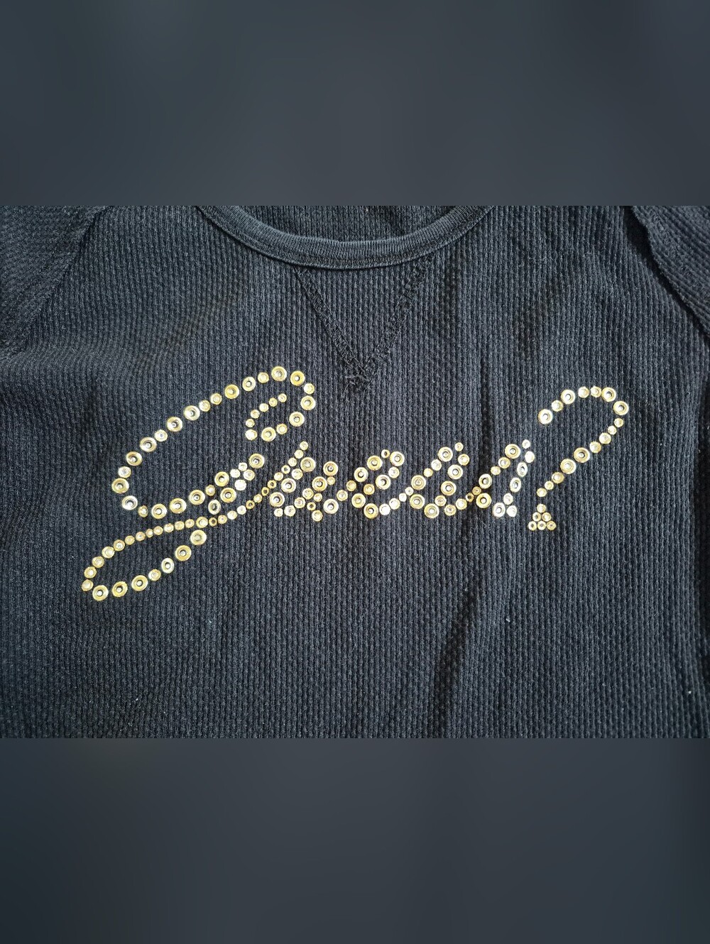Guess? Black Long-Sleeve Textured Thermal Waffle Top w/ Silver Rhinestones Sz S - Picture 2 of 4